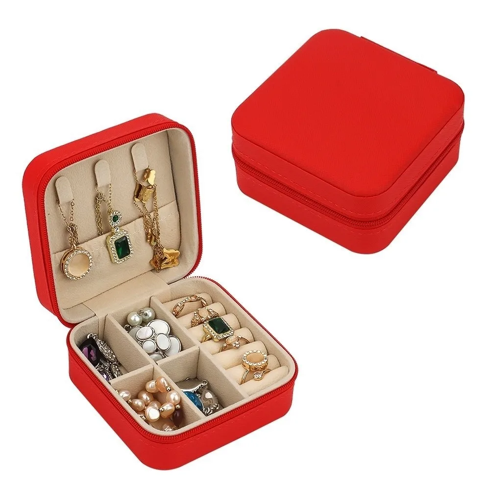 

PU Leather Portable Jewelry Box Compact Design Zipper Closure Mini Jewelry Storage Button Closure Macaroon Style Ring Organizer