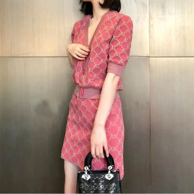 Korean Fashion Knitted Cardigan+Mini Skirt Knit Set Women Sweet Print V-Neck Single Breasted Jacket Pencil Skirt Two Piece Suit