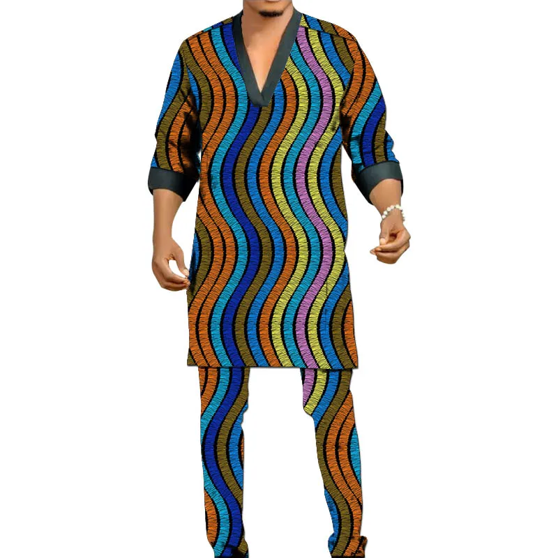 Black Trim Patchwork Design Men's V-Neck Tops+Trousers African Print Male Pant Suit Retro Style nigerian Outfit