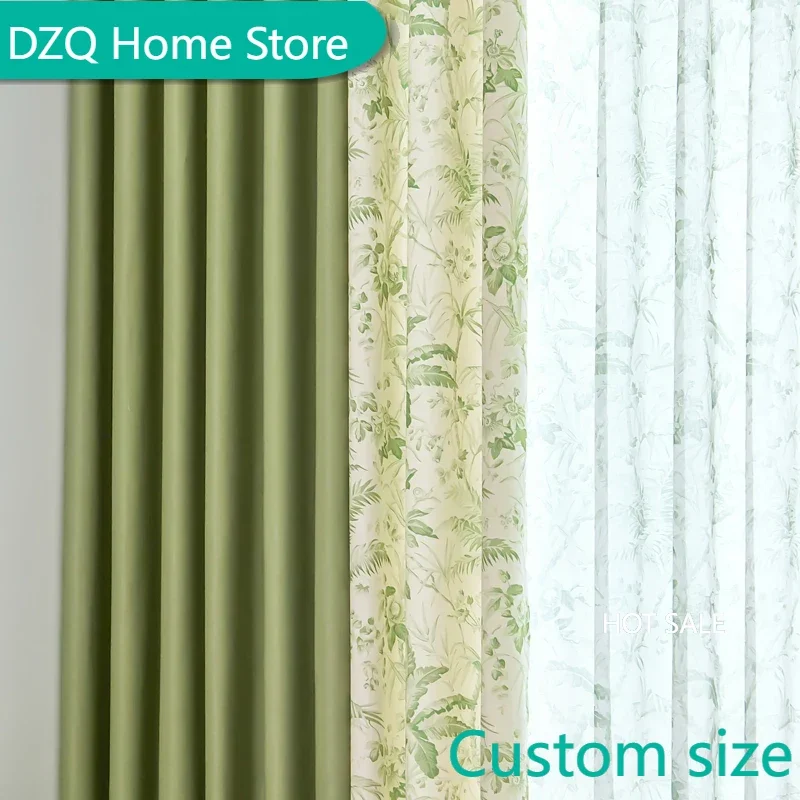 

American Retro Pastoral Green Floral Patchwork Curtains Full Blackout Cotton Linen Living Room Curtains Matching Window Screens