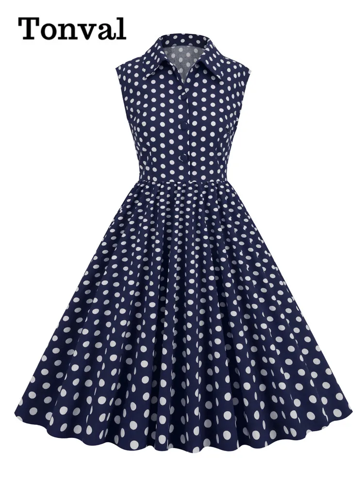 Tonval Turn Down Collar Button Up Sleeveless Summer Shirt Dress for Women Cotton Polka Dot Vintage Pinup Pleated Long Dresses