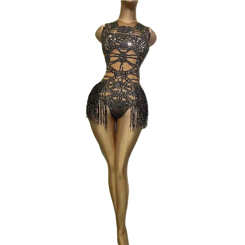 Zwarte Kwastje Strass Bodysuit Vrouwen Sprankelende Kristallen Outfit Party Latin Dance Club Stage Catwalk Show Kostuum