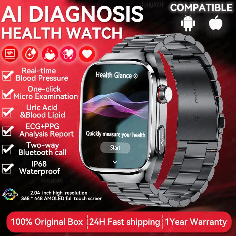 

2025Новый AI Диагностика Мониторинг здоровья Артериальное давление Смарт-часы Мужчины ЭКГ Мочевая кислота Липид BT Вызов Здоровье Смарт-часы для HUAWEI