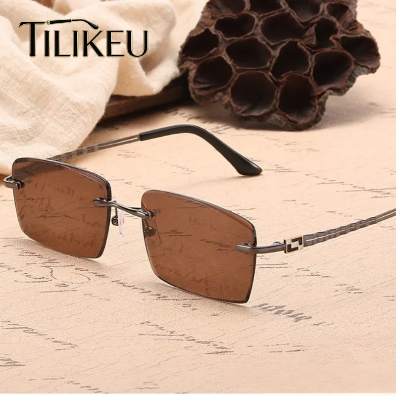 

2026 Vintage Square Crystal Glass Frameless Eyewear Men's Classic Anti-Scratch Stone Designer Sunshade Rimless Sunglasses UV400