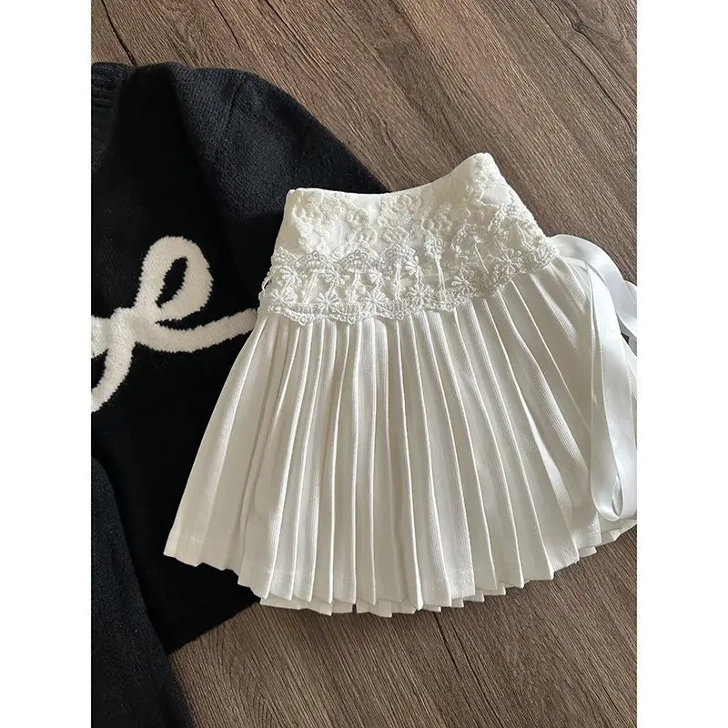 Kawaii لطيف الأبيض تنورة صغيرة النساء Y2K أزياء من الدانتل المرقعة مطوي التنانير الصيف الكورية Preppy الدانتيل يصل عادية ألف خط Faldas