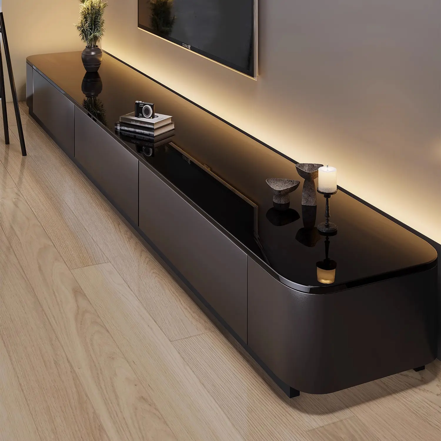 

Solid Wood TV Cabinet with LED Light, Floor Standing TV Stand Storage, Luxury Media Console Coffee Table Set