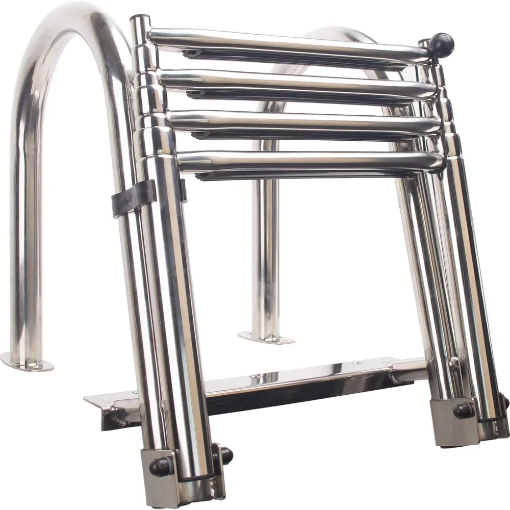 4-Step Stainless Steel Telescoping Dock Ladder for Pontoon Boats - Heavy Duty 600lbs Capacity, Foldable Rear Entry Swim Ladder w