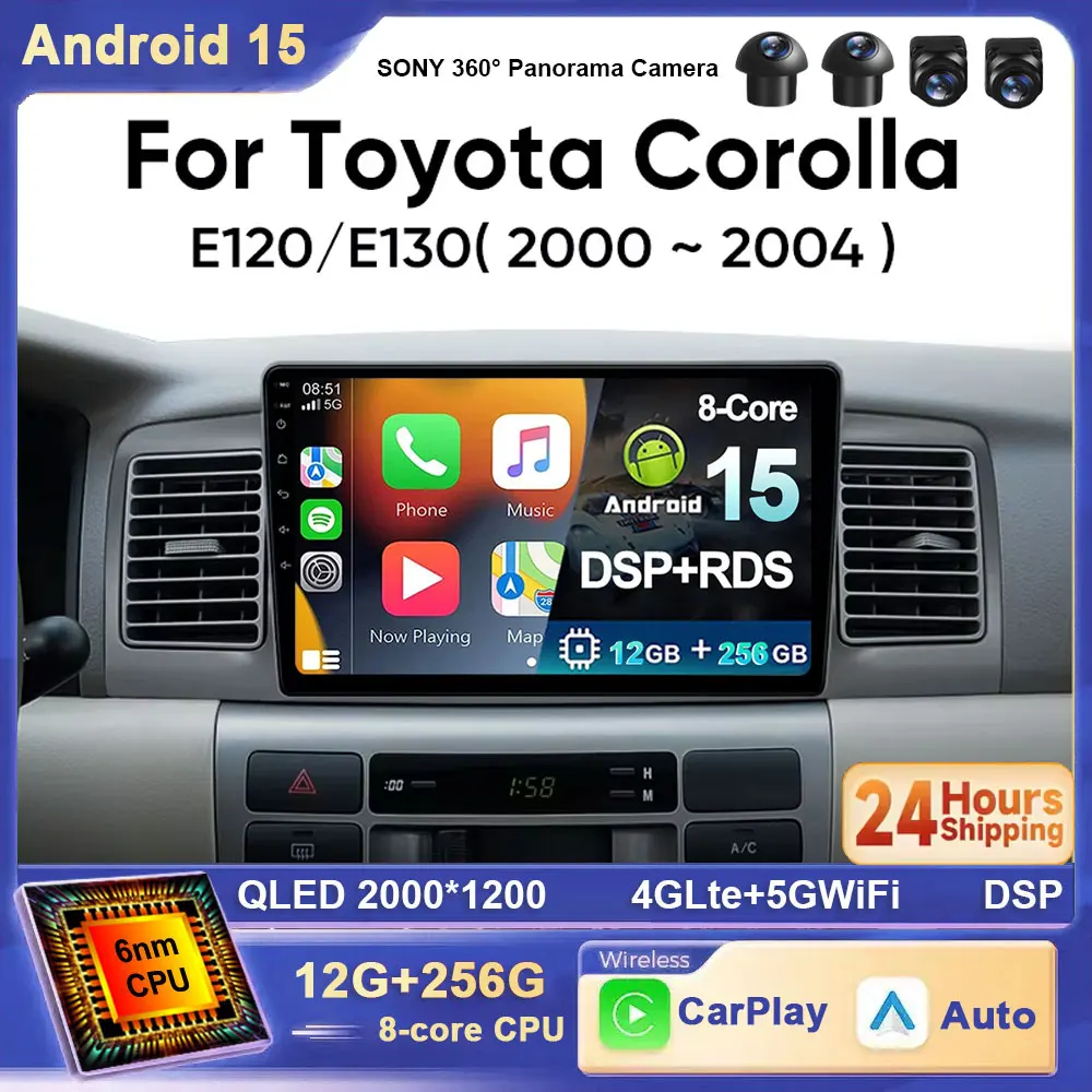 Radio de coche Android 15 para Toyota Corolla E120 2001 2002 2003 2004 Carplay Android Auto