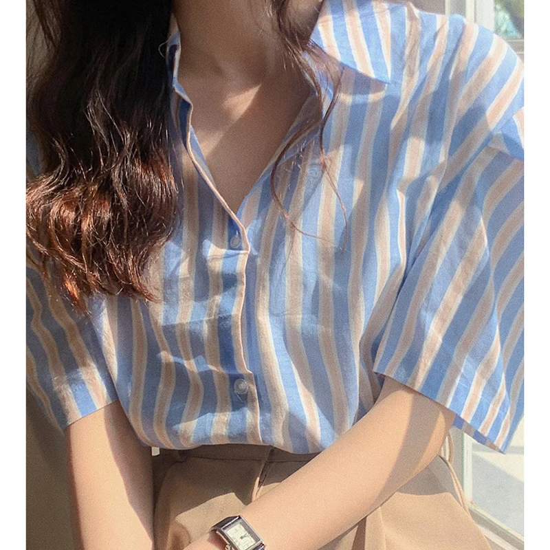 Chic Summer Sweet Fre Milk Soft Blue Striped Turn-down Collar Single Button Loose Casual Bubble Sve irt Women's Faion