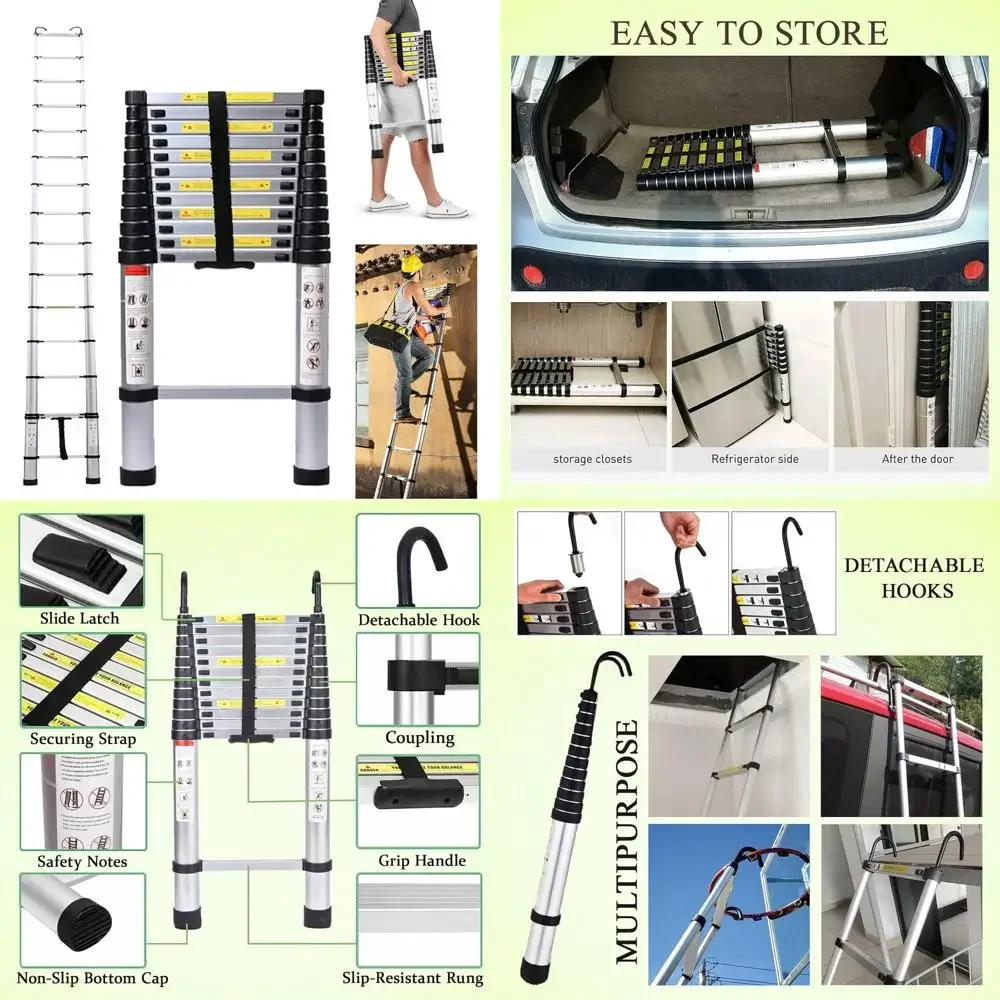 Scala di estensione in alluminio pieghevole per carichi pesanti - 16,5 piedi, 2 ganci rimovibili, superficie antiscivolo, uso multiuso