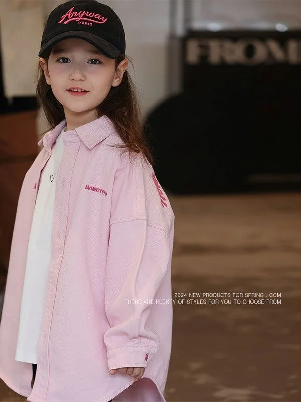 2024 Spring and Autumn Pink Soft Denim Pure Cotton Shirt Girl\'s Denim Top Coat Trendy Children\'s Spring and Autumn Clothing