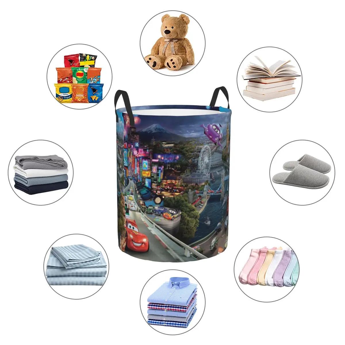 Round Single-Layer Dirty Clothes Basket Disney Pixar Cars Space-Saving Laundry Hamper with Sturdy Handles for Easy Carrying