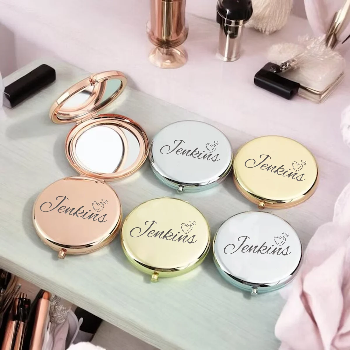 1pc Lovely Jenkins example Custom Name Makeup Mirror Folding Mirror Round Circle Mirror Wedding Guest Gifts