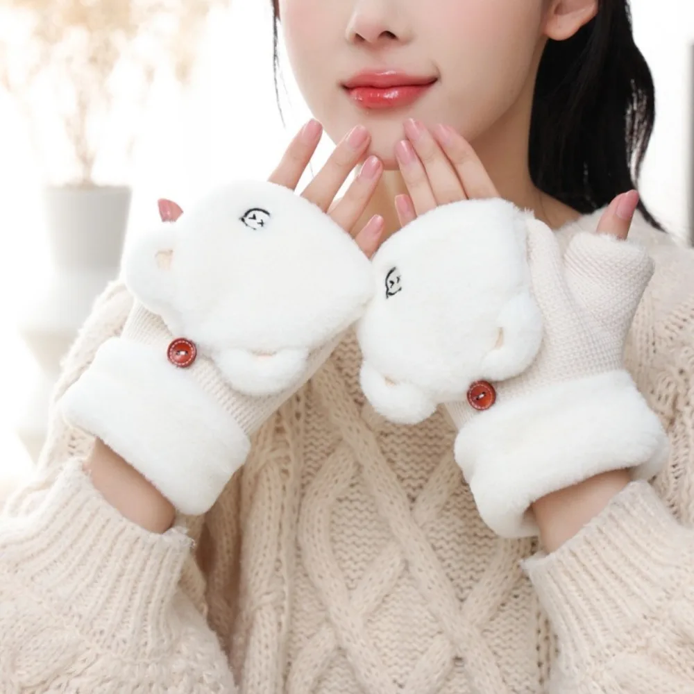 Cute Thickened Half Finger Gloves Warm Plush Winter Mittens Flip Soft Fingerless Gloves Women