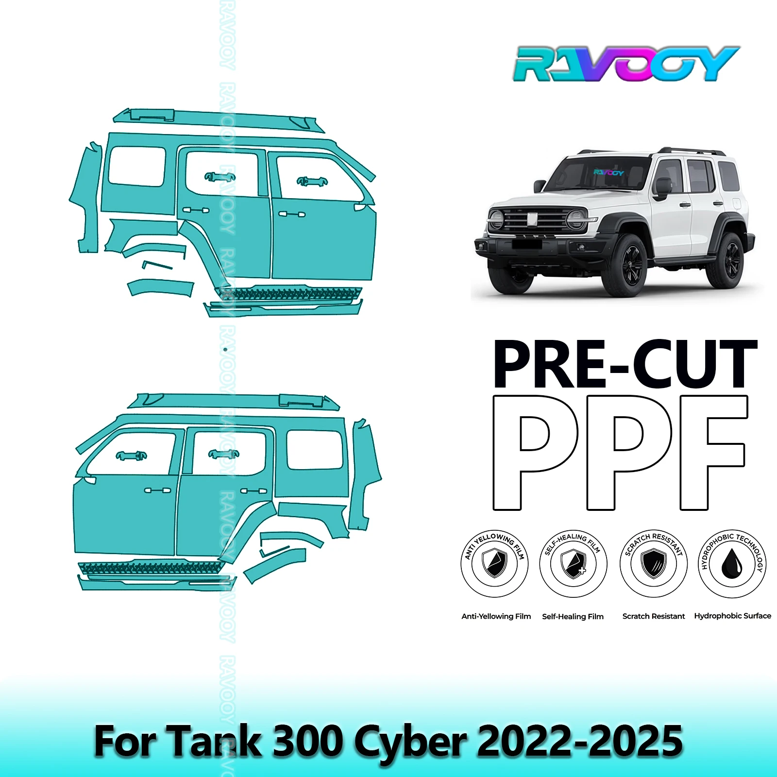 

For Tank 300 Cyber 2022-2025 8.5mil Clear Matte Pre-Cut PPF Door & A/B Pillar Kit TPU Paint Protection Film Set