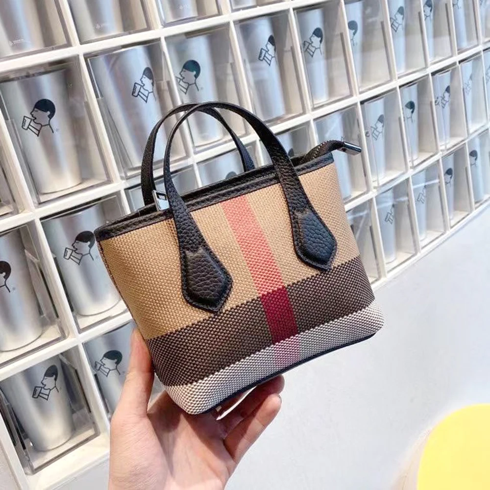 Retro Top Handle Women Bucket Bags Luxury High Quality Stripes Canvas Leather Female Tote Purse Handbag Small Lady Shoulder Bag