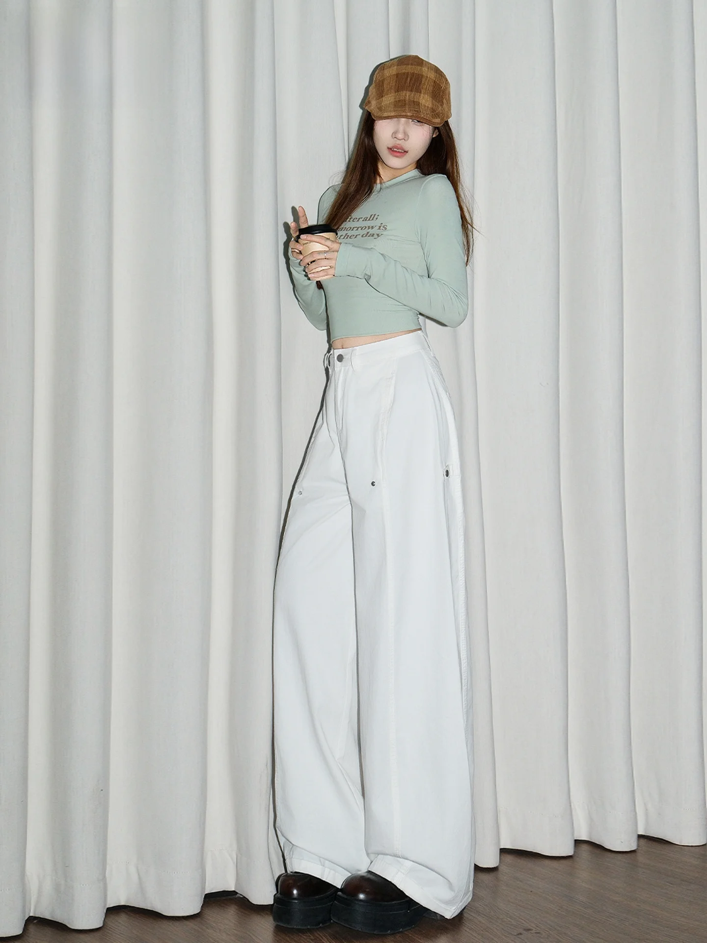 

White American Wide Leg Casual Pants Women's High Waist Slimming Loose Design Drapey Workwear Trousers Summer New Arrival