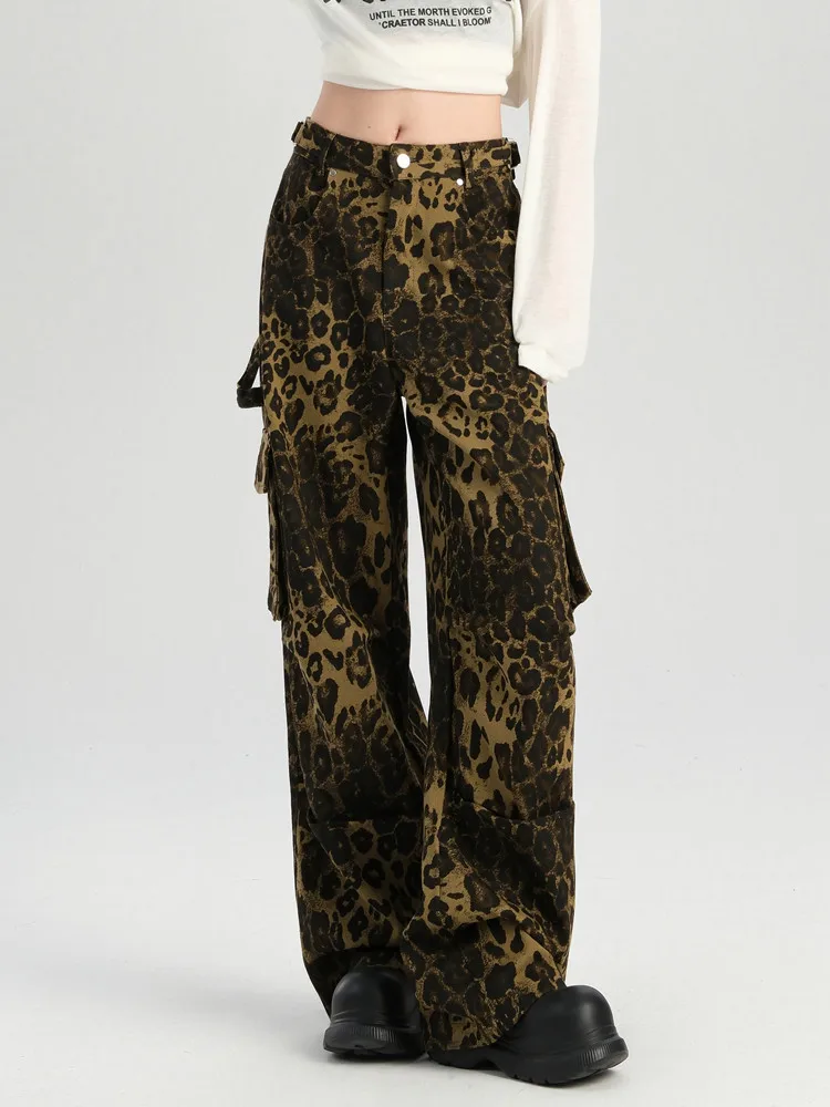 

Leopard Print High Waist Hip-Hop Straight Cargo Jeans for Women Y2K Streetwear Casual Loose Vintage Pocket Baggy Jean Femme