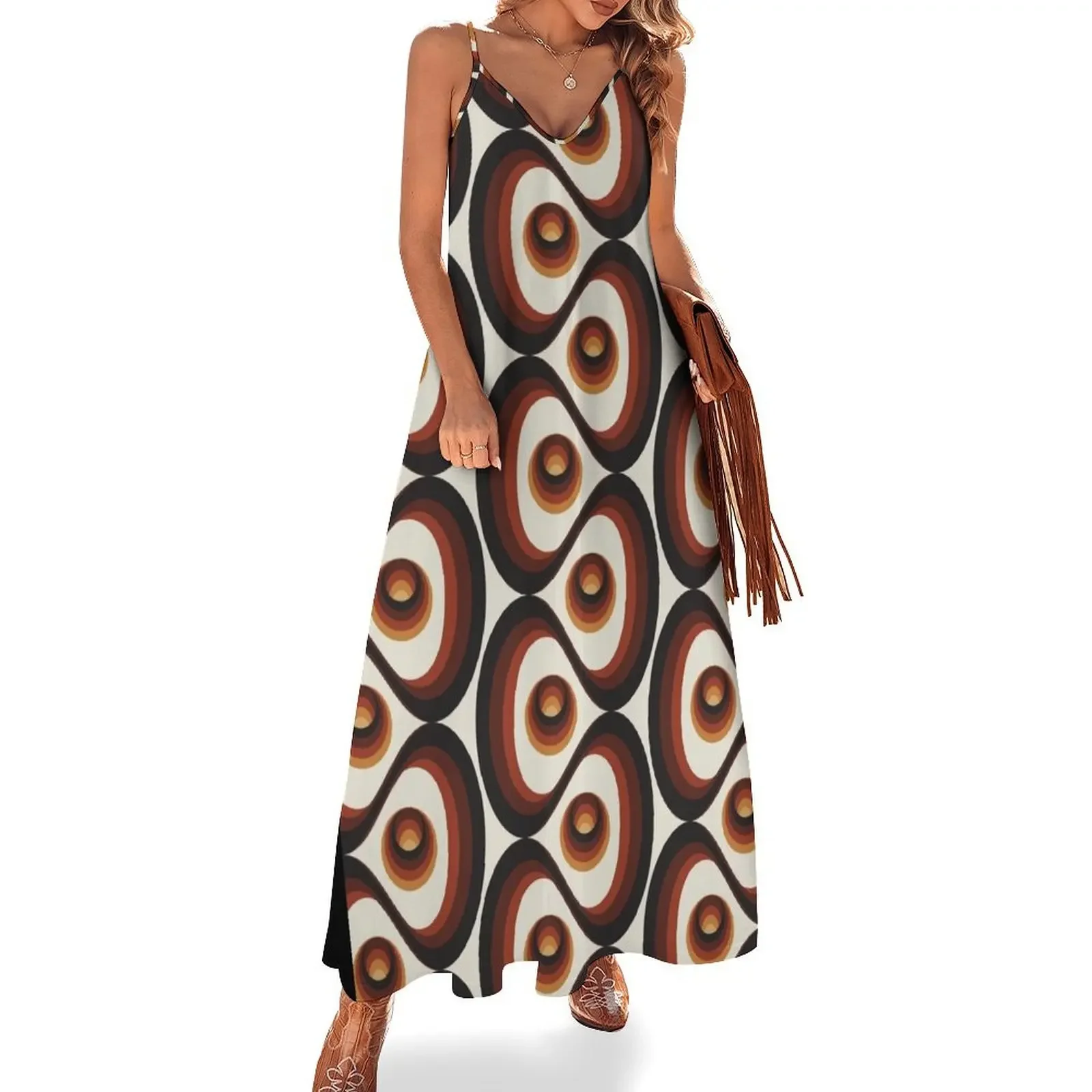 Orange, Brown, and Ivory Retro 1960s Circular Pattern Sleeveless Dress women dress dresses for women 2025 luxury designer party