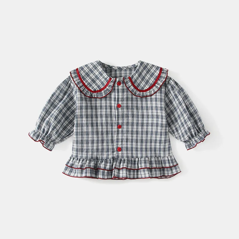 Mädchenkleidung Bubble Langarm-Shirt 2026 Frühling Herbst Neue Kindermode Peter-Pan-Kragen Kariertes Kinderhemd Trend – Detail 1