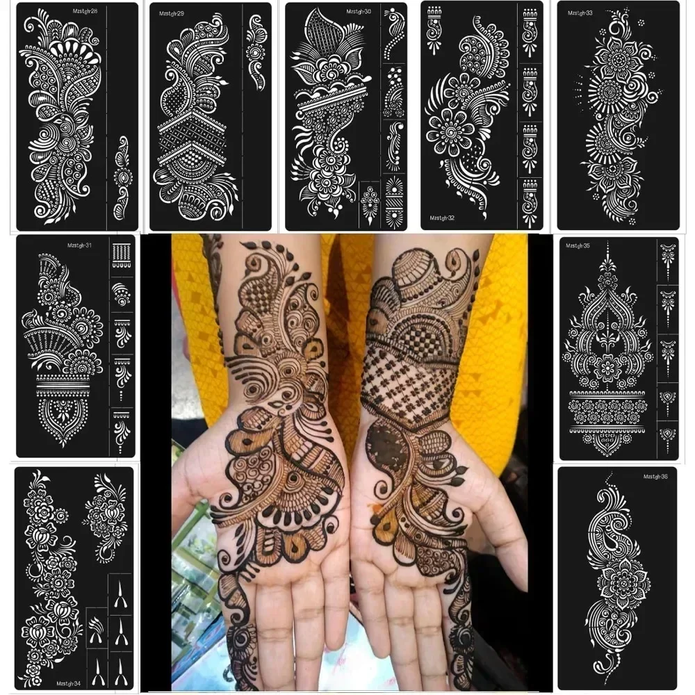 

Henna Stencils 9 Sheet Henna Tattoo Kit, Reusable Henna Stickers for Hand Forearm Indian Arabian Self Adhesive Tattoo Templates