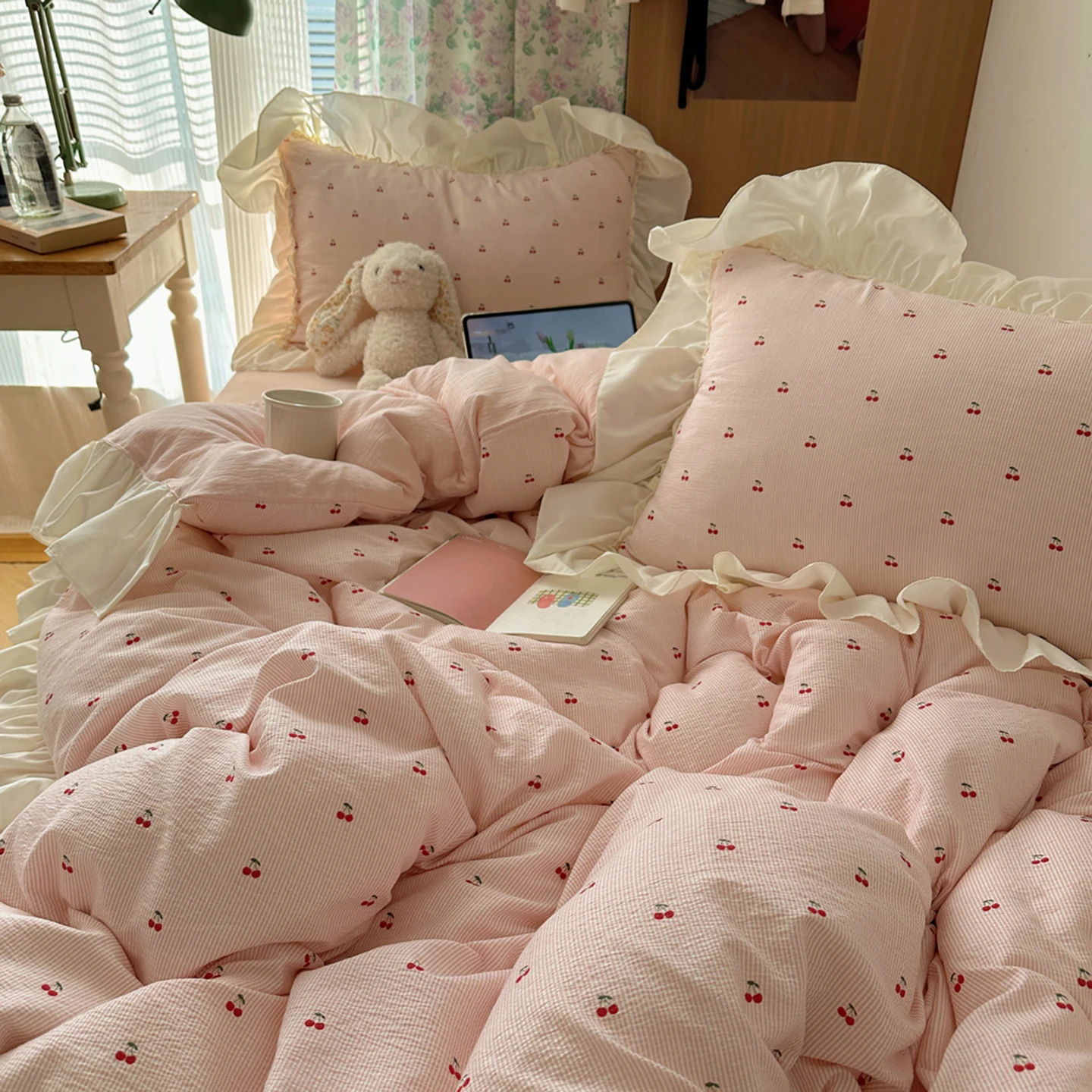Kawaii Cherry Bedding Sets Ins Girly Cottagecore Ruffles Duvet Cover Fitted Sheet For Girls Woman Home Bedroom Kawaii Bed Linens