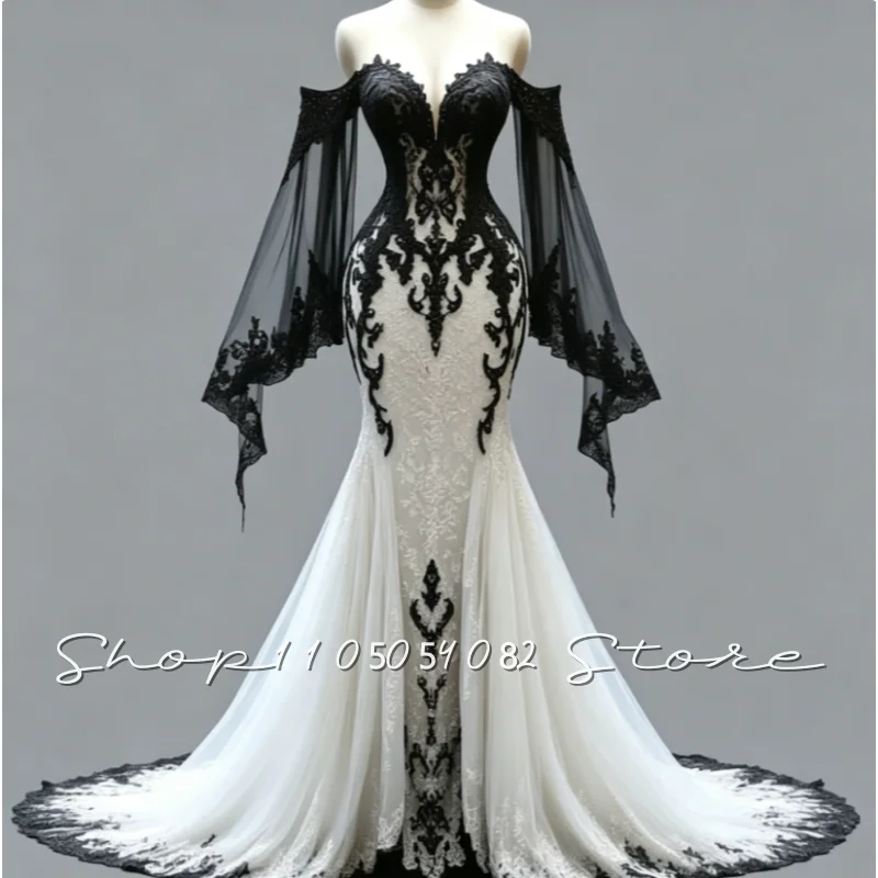 Meerjungfrau Gothic Brautkleid Schwarz-Weiß Schulterfreies Fledermausärmel-Kleid mit Spitzenstickerei und Schleppe Hochzeitskleider nach Maß