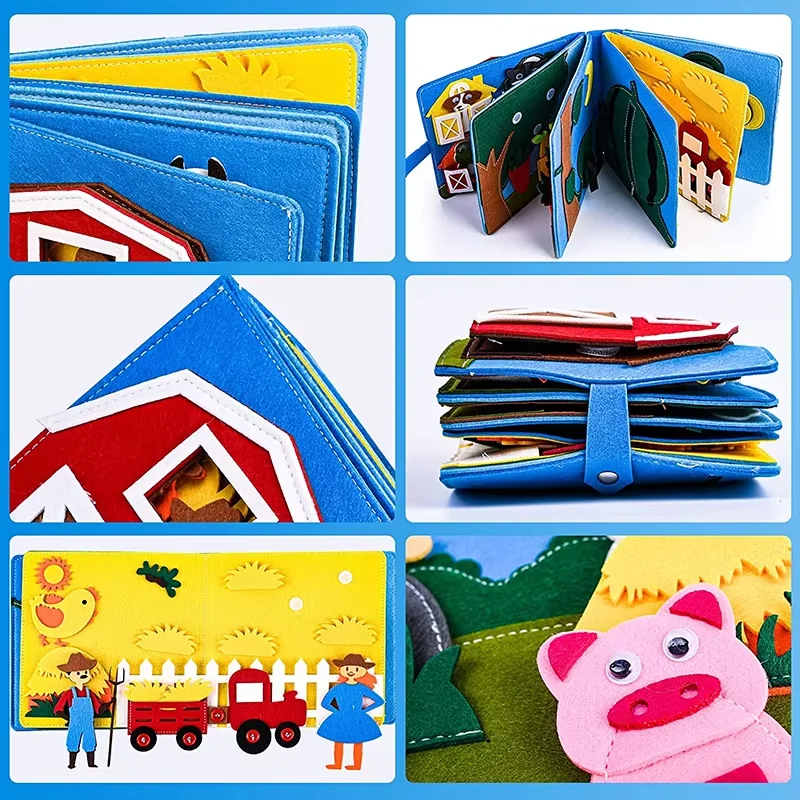 Jouet sensoriel éducatif Montessori pour tout-petits, planche occupée, livre silencieux en feutre avec scène d'animaux de ferme, activité de conte pour garçons et filles