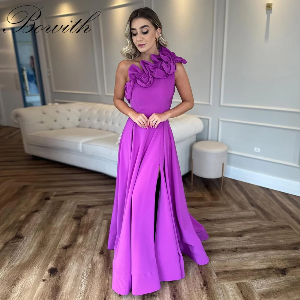 

Bowith Purple Evening Dresses One-Shoulder Pleats Prom Dresses Side Slit Women vestidos de fiesta Customized Prom Gown