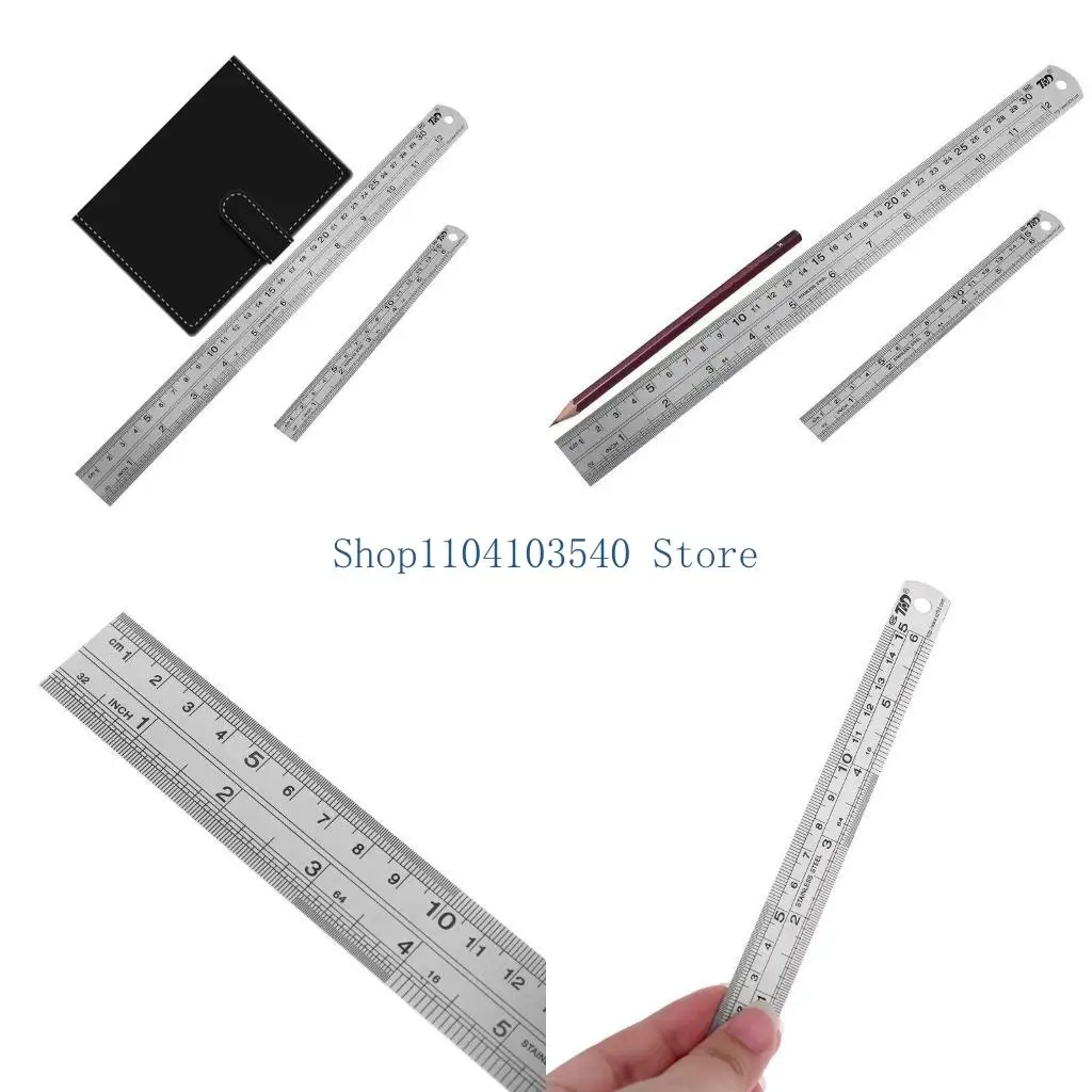 

02DC 2 Pcs/set Stainless Steel Ruler Set Metal Rulers Metric & Imperial Scale Measure