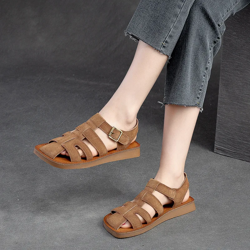 Genuine Leather 2024 Summer New Retro Hollow-out Breathable Sandals Casual Comfortable Women Flats Shoes