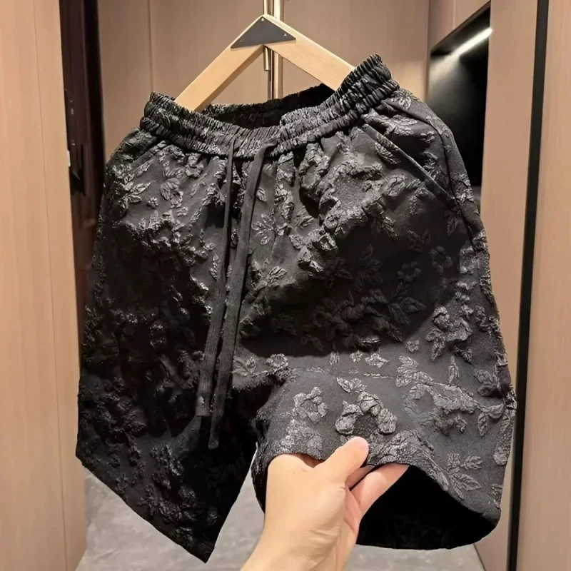 Summer Men Fashion Breathable Lightweight Casual Shorts Floral Embossed Elastic Drawstring Five-point Pants Streetwear Trousers
