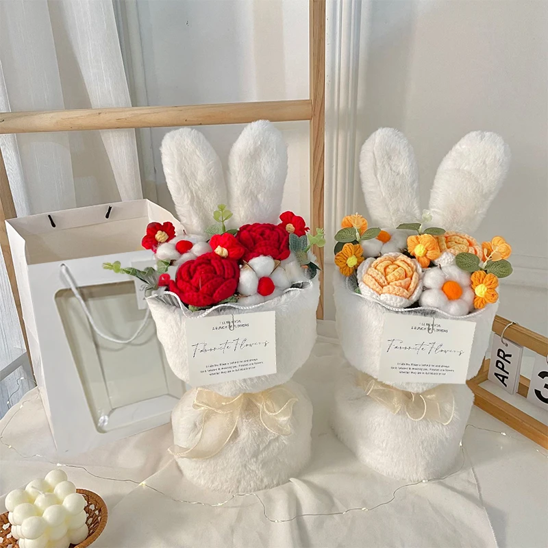 1PC Cute Rabbit Ear Knitted Flower Bundle Artificial Roses Flowers Holding Bouquets Wedding Party Decor Valentine's Day Gifts