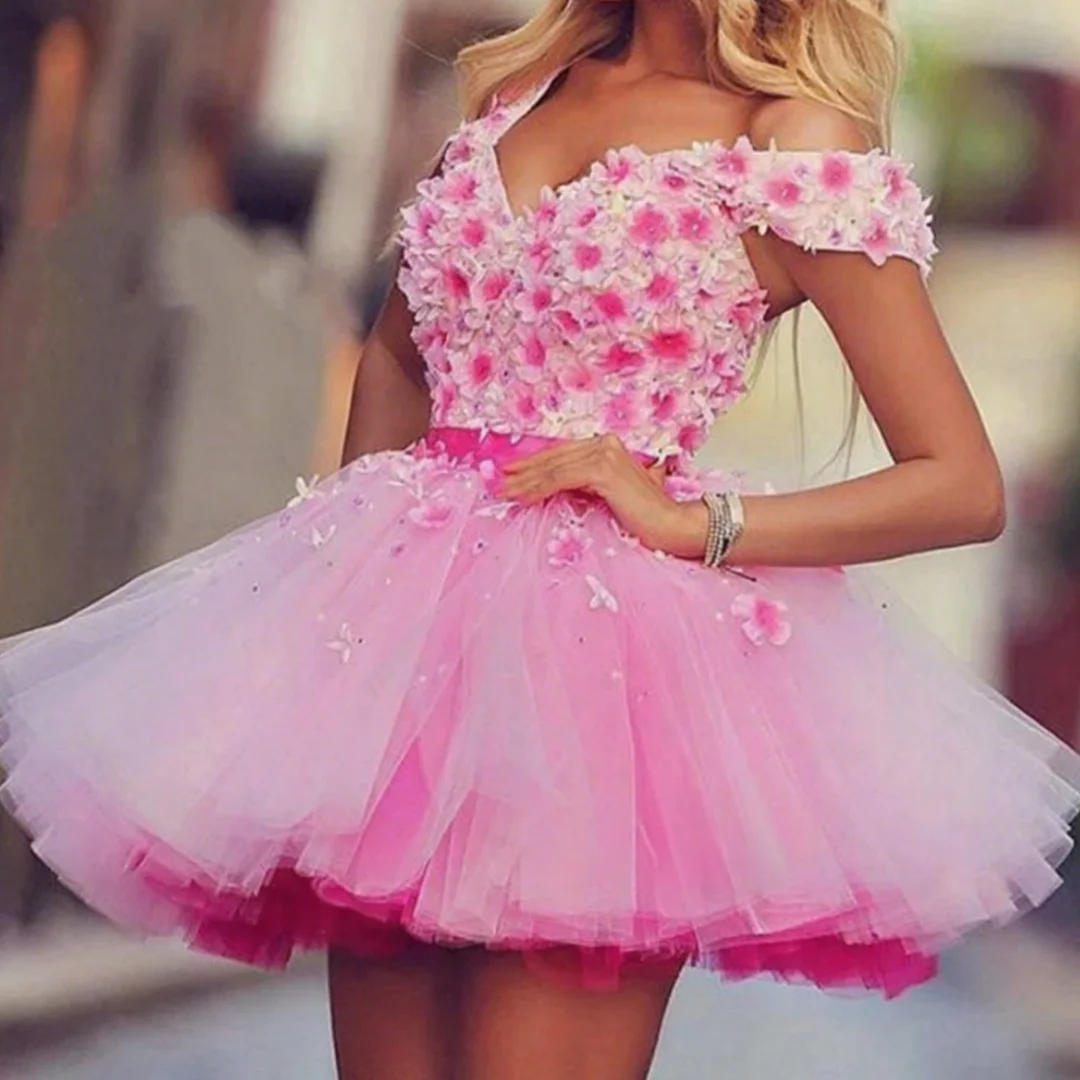 Mini Applique Birthday Party Dress Cute Pink Flower Homecoming Dresses Off The Shoulder Graduation Gown Customized