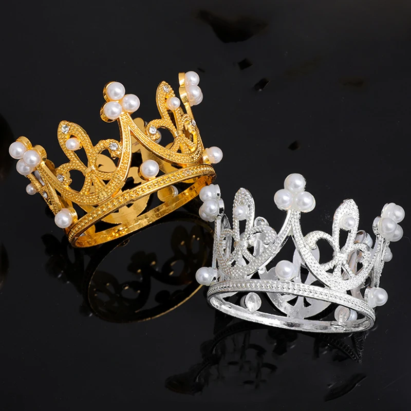 Mini Crown Cake Topper Elegant Princess Pearl Tiara Ornaments Baby Shower Birthday Wedding Party Supplies DIY Cake Decoration