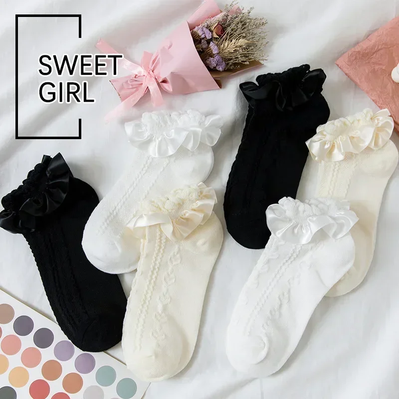 New Lolita Socks Women's Ruffle Socks with Frill Black White Kawaii Cotton Lace Socks Low Cut Cartoon Sweet Girls Hosiery