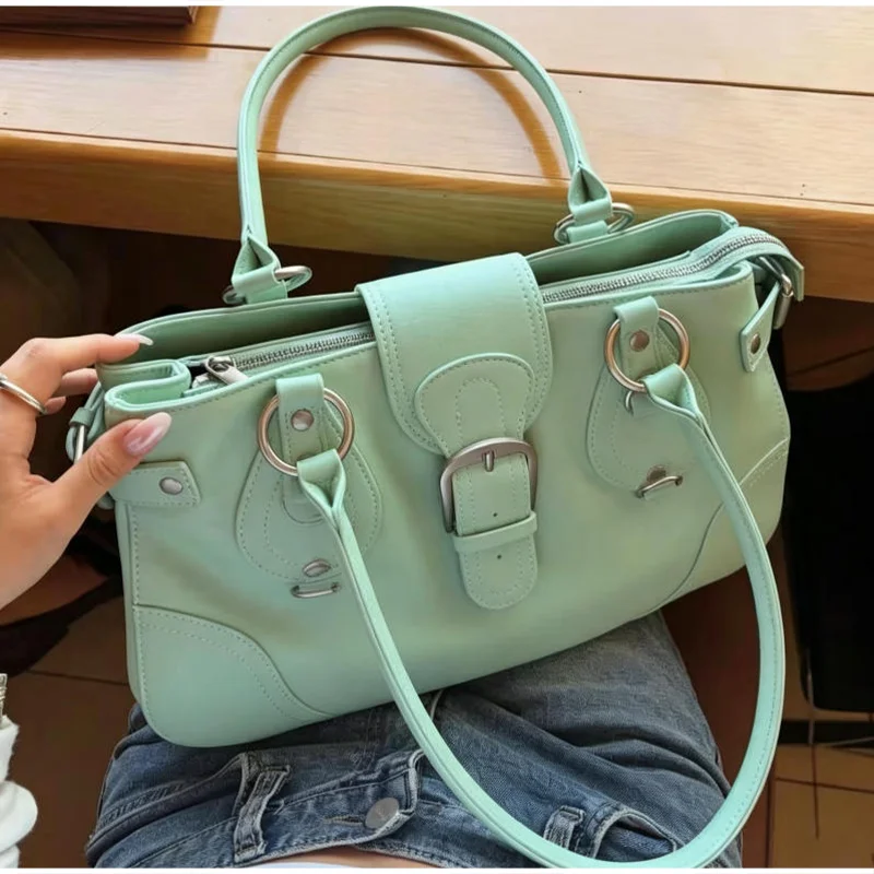 Hobo-Handtasche, Damen Motorrad-Biker-Stil Arbeitstasche, Y2k Mädchen Edgy Vintage Chic Mintgrüne Satteltasche – Detail 4