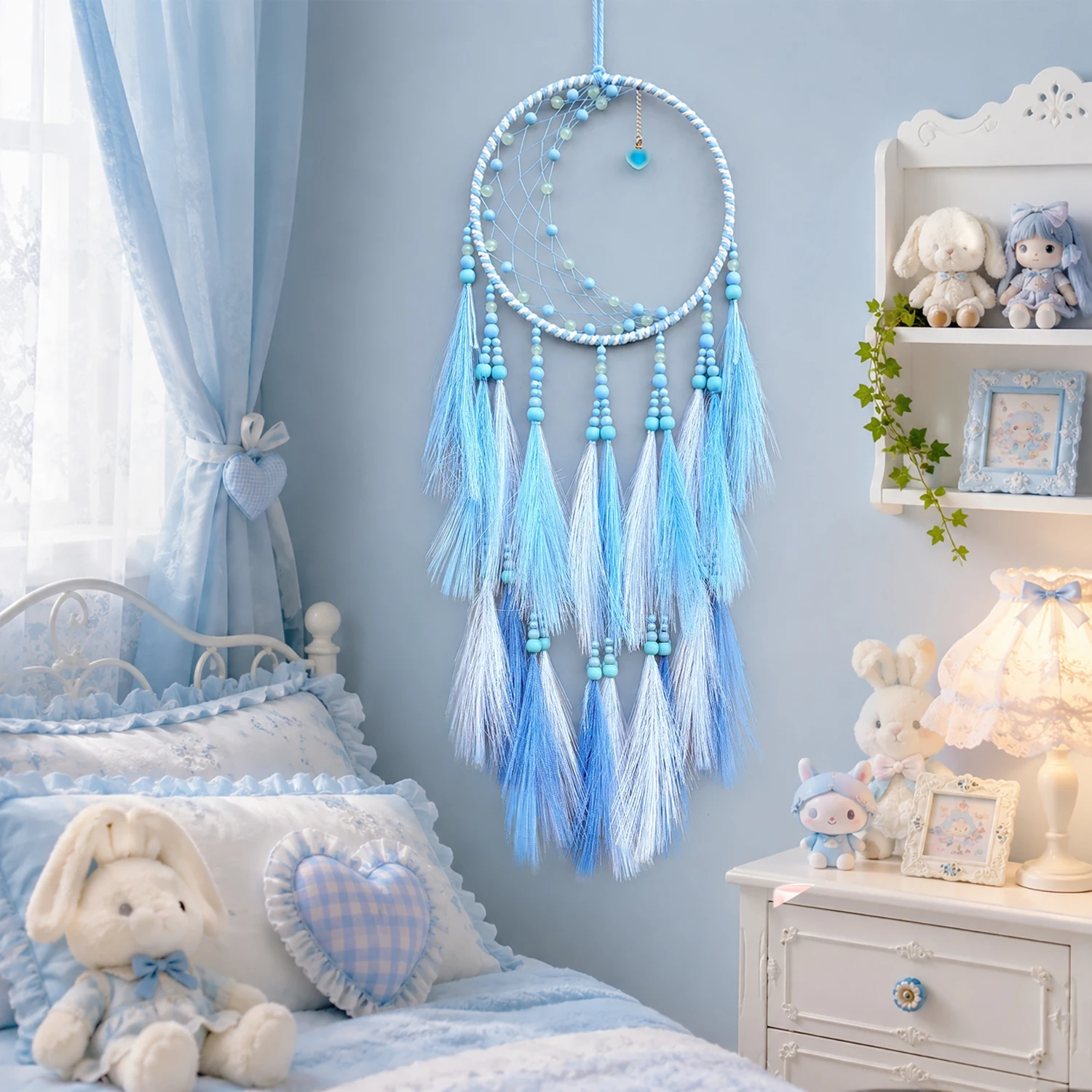 Bohemian Moon Dream Catcher Pink White Faux Feather Tassel Beaded Heart Pendant Wall Hanging Girls Handmade Bedroom Decor Gifts