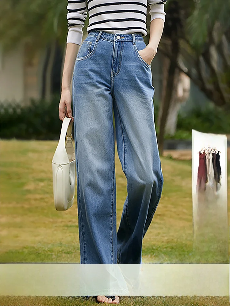 

Spring 2026 Trendy High Waist Wide Leg Straight Cut Jeans Sli Design Commute Sle l Waist Cotton Blend Ladies Jeans