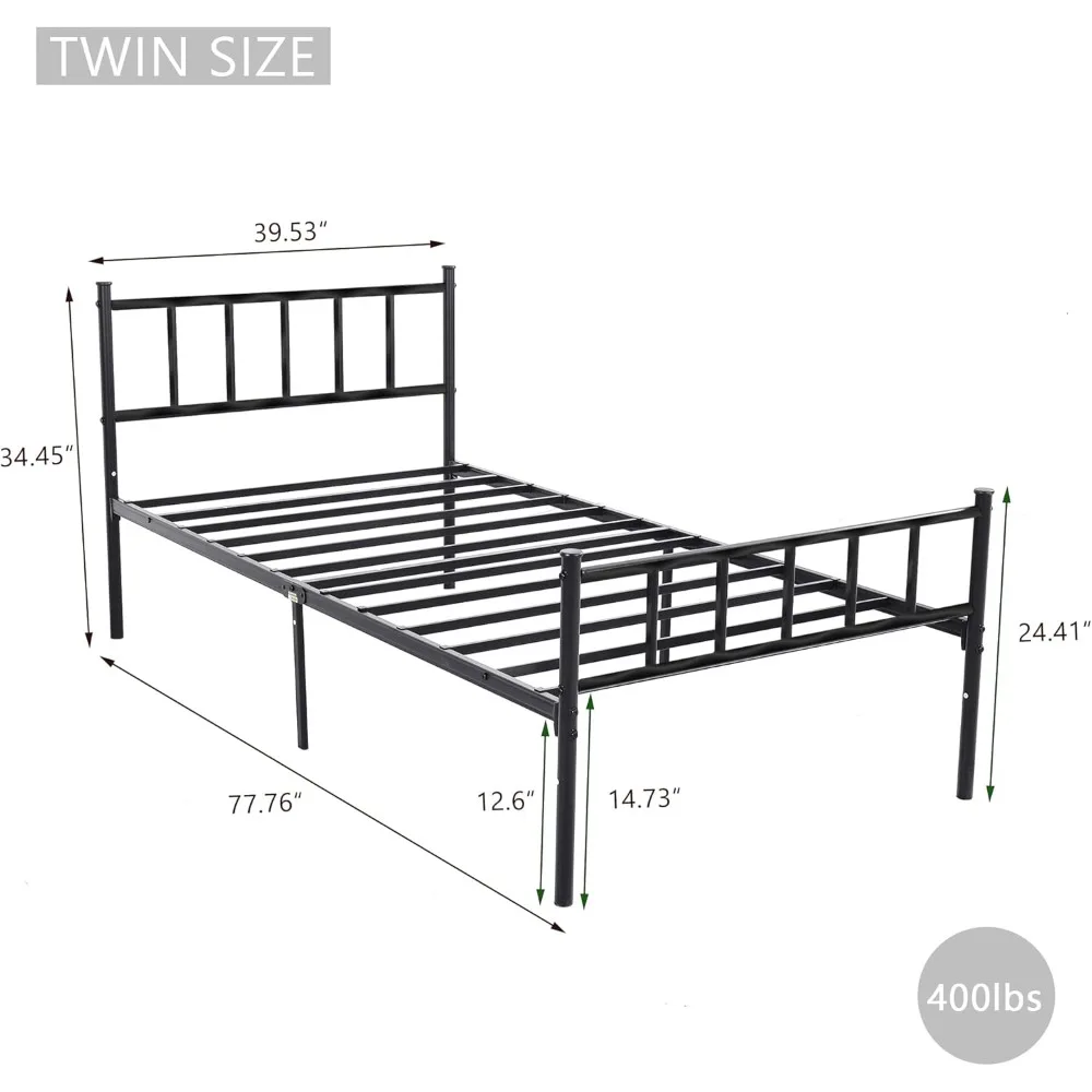 Sturdy Metal Twin Bed Frame with Headboard, Steel Slat Support, No Box Spring Needed, Easy Assembly, Black Finish