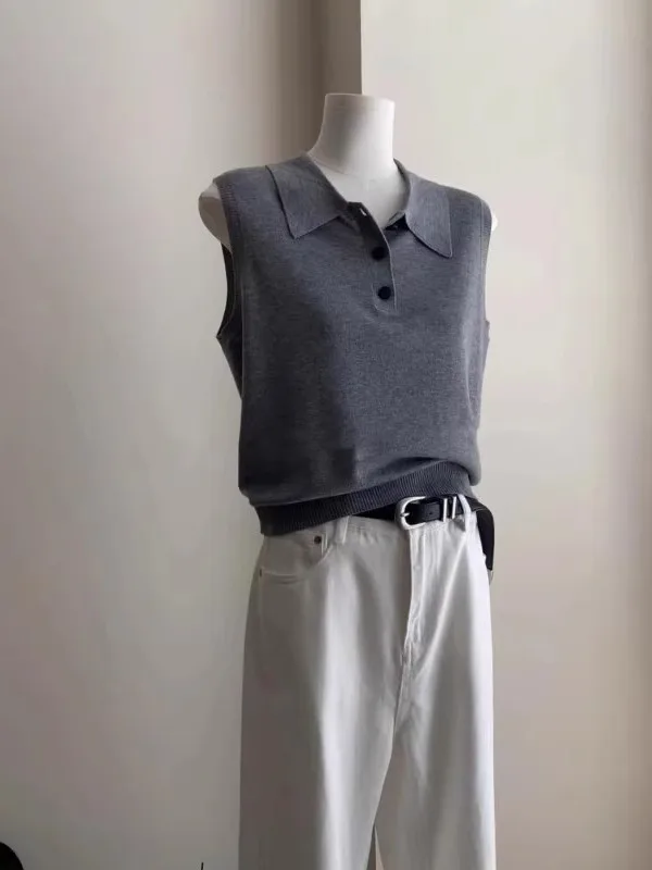 Ay Ice Silk irt Svel Gilet tricoté haut col rabattu été petite taille femme Faion mince col Henry T-s...