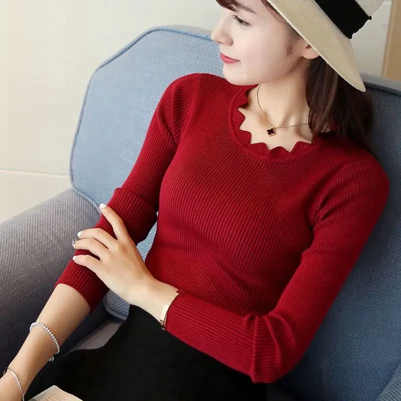 JY Spring and Autumn New Lace Round Neck Sweater Solid Color Hoodie Long Sleeve Inner Slim Knitted Sweater for Women