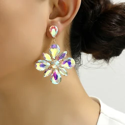 Shiny Glass Flower Decor Exaggerated Big Dangle Earrings For Women Trend Luxury Quality Unusual Party Jewelry Accessories Gift