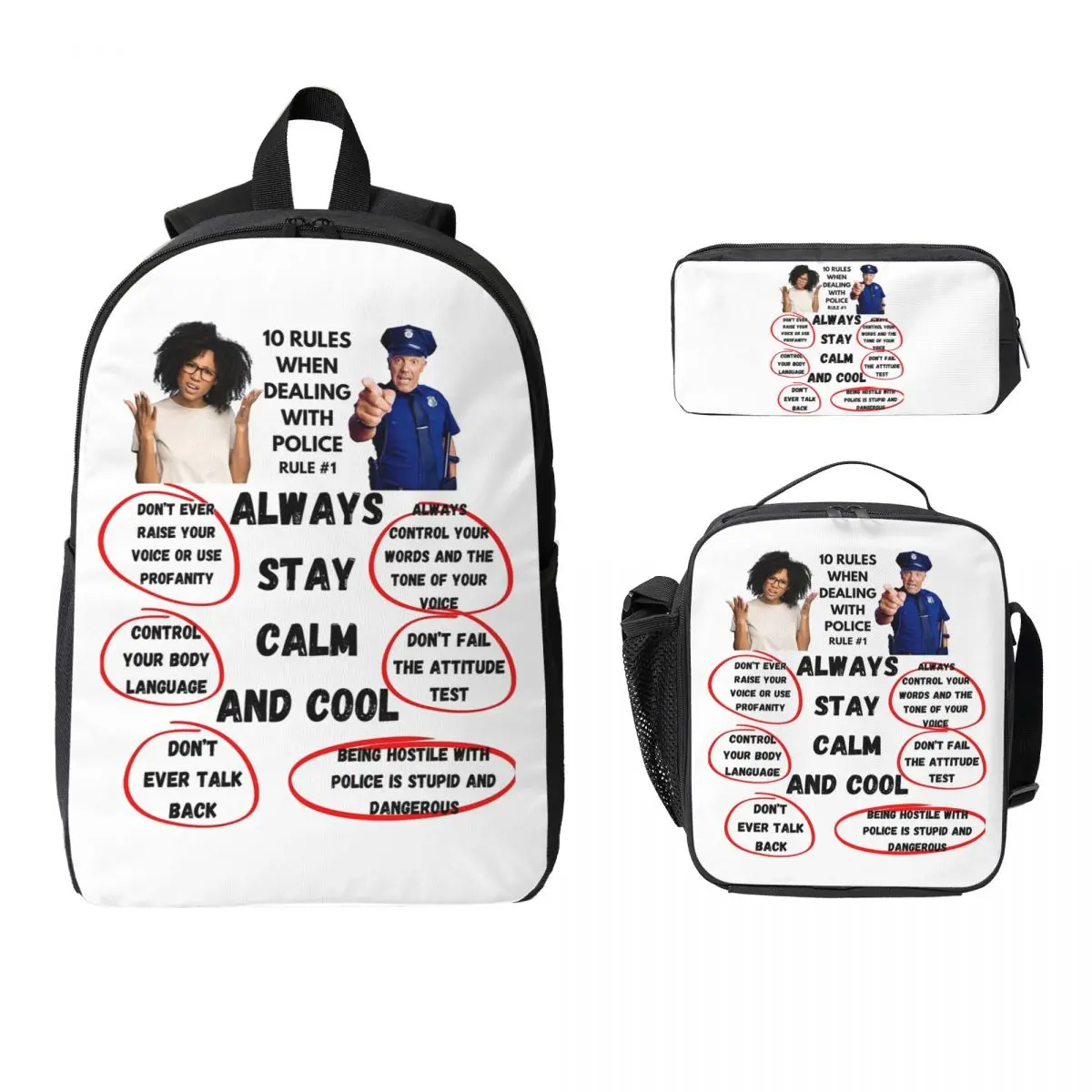 Rule #1 When Dealing With Police Backpack Student BookBag School Bag Computer Shoulder Bags 3ps Insulated Lunch Bag Pencil Case