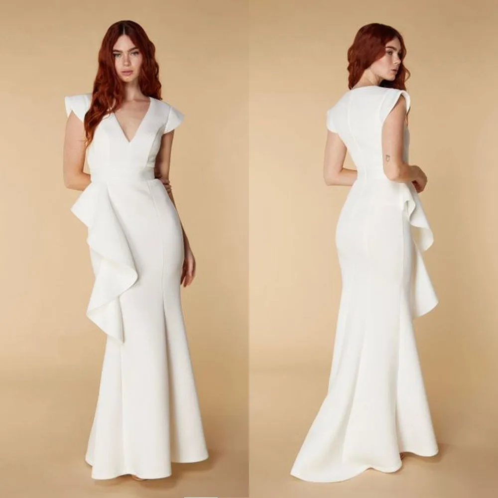 

Customized High Quality Sleeveless V-neck Mermaid White Wrinkle Floor Length Zipper Robe Soirée Femme Mariage Vestidos De Gala