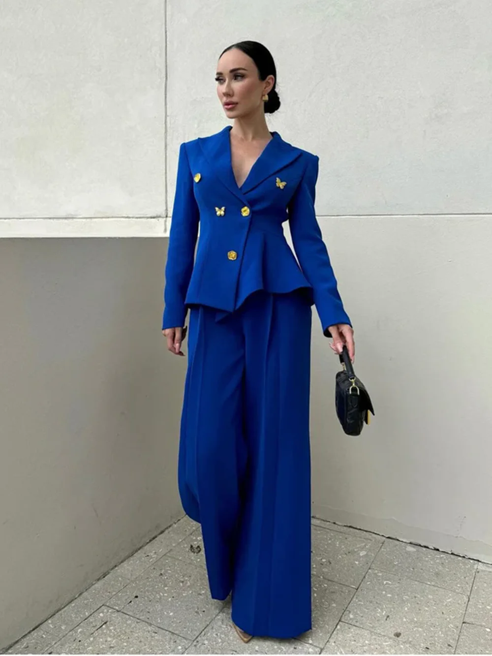 

Modphy Fashion Bow button decoration Suit Sets For Women Notched Collar Long Sleeve Blazer Wide leg Pant Slim Two Piece Set 2024