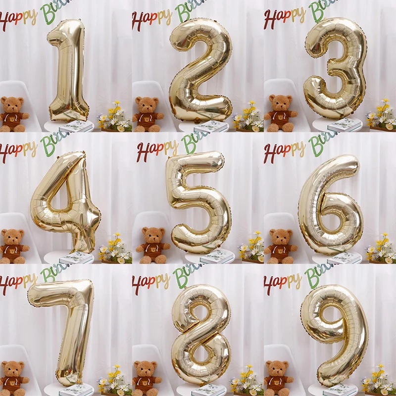 40inch Platinum Digital Foil Balloon Heart Star Large Number 0-9 Helium Balloons Kids First Birthday Festival Party Decoration