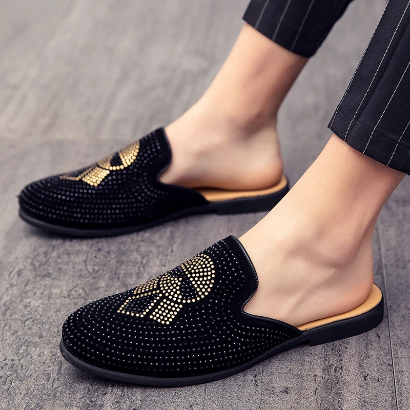 Mocasines informales para hombre, chanclas transpirables de medio arrastre, color negro y dorado, para caminar, para jóvenes