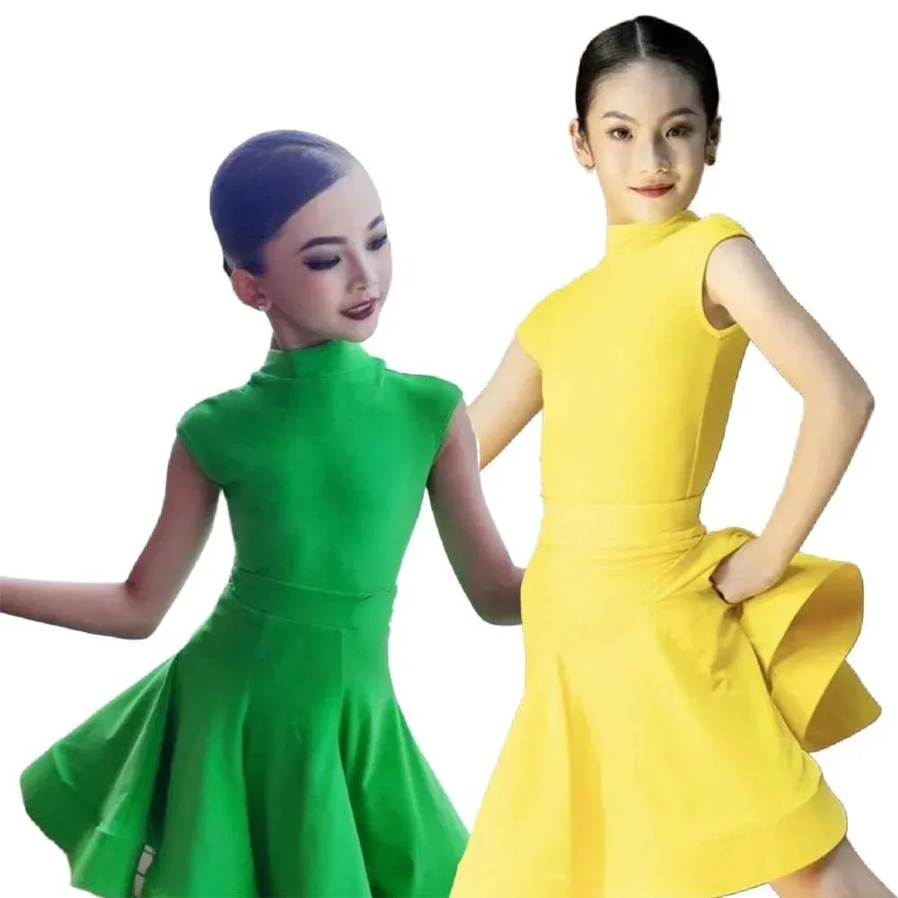 فستان لاتيني بأكمام قصيرة لقاعة الرقص الأخضر للفتيات والرقص الأمريكي رومبا تشا تشا سامبا تانجو زي المنافسة ملابس الأطفال #1