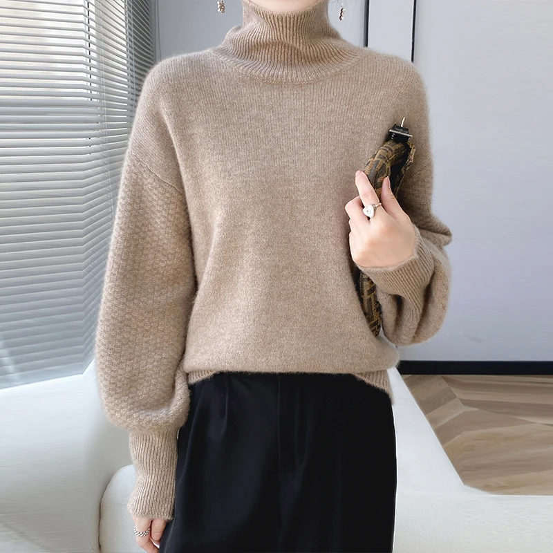 Checkered autumn and winter new 100% cashmere loose fashion cashmere sweater women's turtleneck pullover warm bottom knit shirt